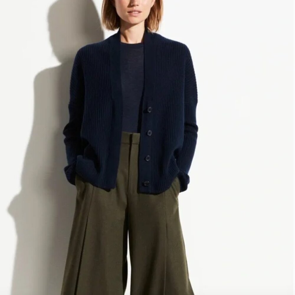 ** Vince Wool Cashmere Ribbed Knit Button Cardigan Navy Xxs